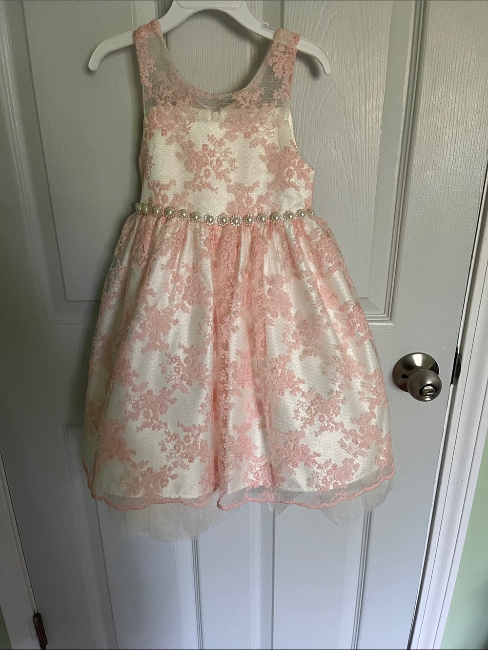 American Princess Pink and Cream Lace Floral Formal Dress with Pearl Waist